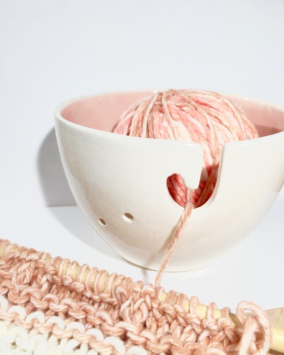 Petite White Mint Green Yarn bowl, Knitting Bowl Small Ceramic