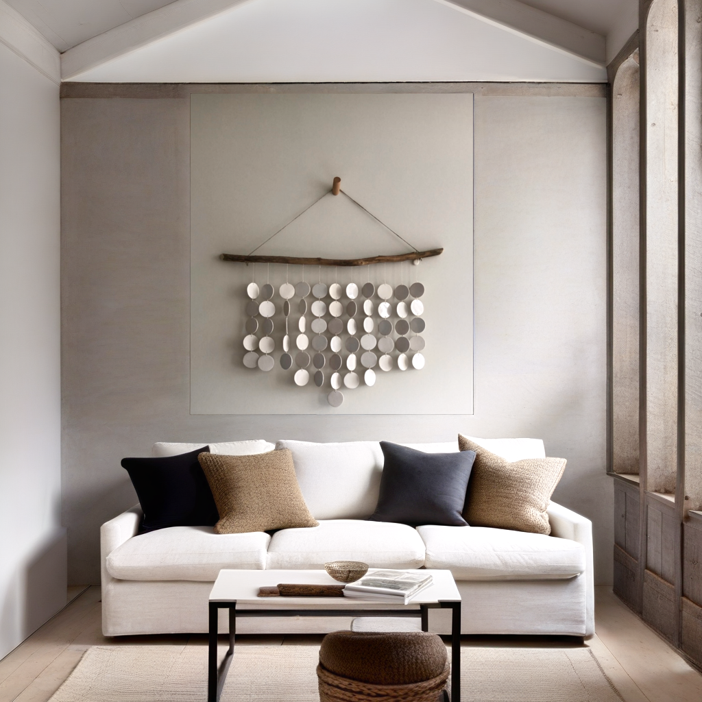 Unique driftwood and ceramic disc wall hanging for modern interiors