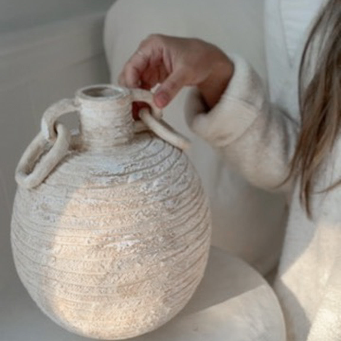 Sculptural Handle Ceramic Vase | Handmade Old World Ceramic Vessel with Ring Handles