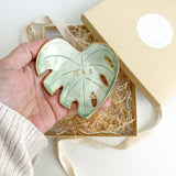 Personalized monstera leaf ceramic dish, handmade in boho style for stylish home decor