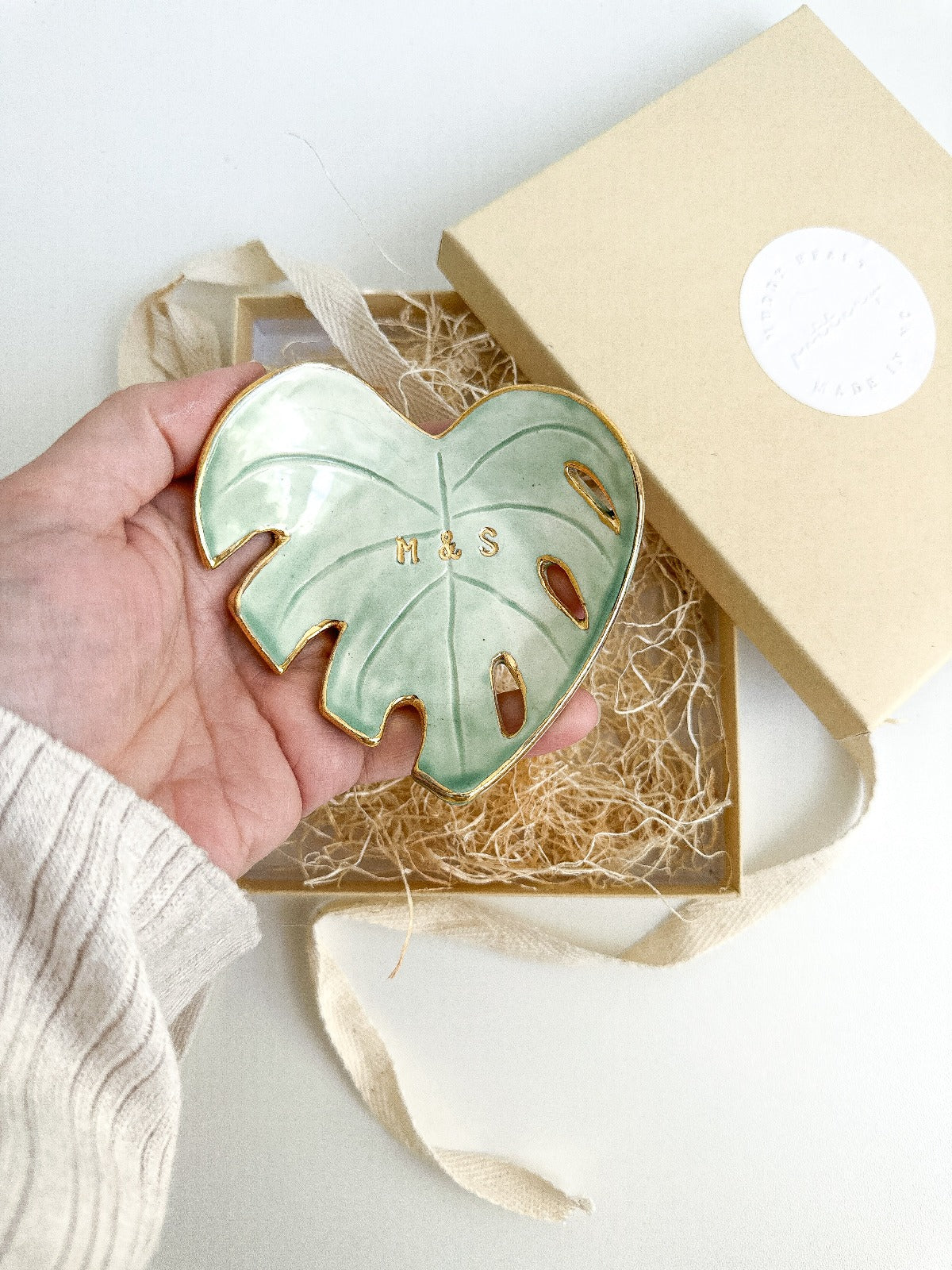 Personalized monstera leaf ceramic dish, handmade in boho style for stylish home decor