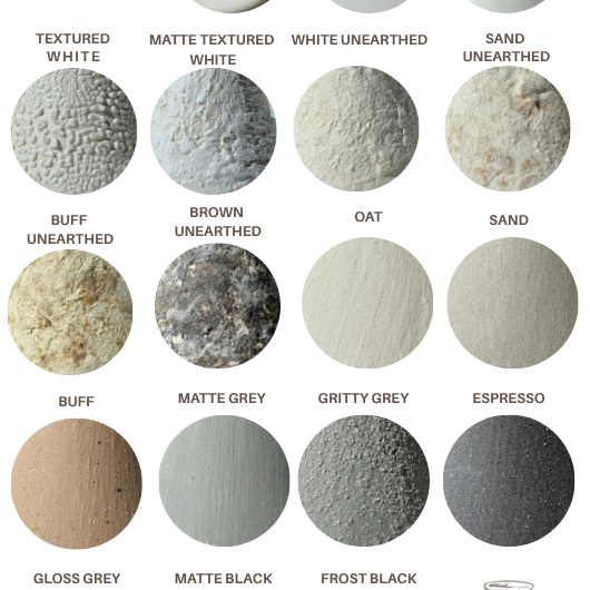 Muddy Heart glaze finish chart showing the 18 neutral ceramic finishes, from gloss white through sand and buff to frost black.
