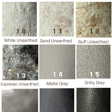 Muddy Heart available finishes 10–18 — White Unearthed, Sand Unearthed, Buff Unearthed, Espresso Unearthed, Matte Grey, Gritty Grey, Gloss Grey, Matte Black, Frost Black