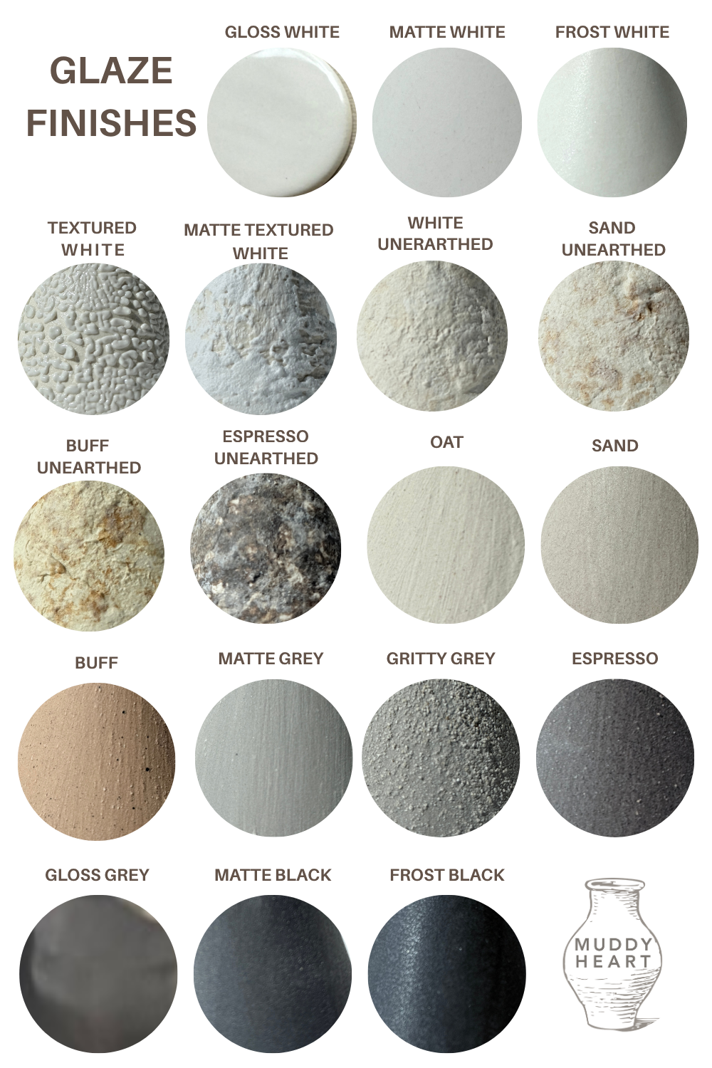 Muddy Heart glaze finish chart - all 18 handmade ceramic finishes